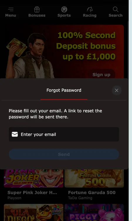 Mr James Casino password reset modal on mobile