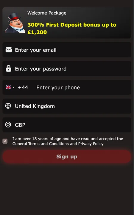 Mr James Casino welcome pack registration screen